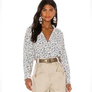 Isabel Marant Etoile Catchelae Printed LS Button-Up Blouse Ruffle Neck 38